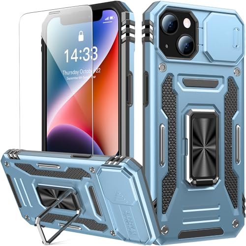 Goodon for iPhone 13 Case& iPhone 14 Case with Slide Camera Cover + Screen Protector, Built in Rotated Ring Magnetic Kickstand Military Grade Shockproof Protective Phone Case 6.1 - Light Blue