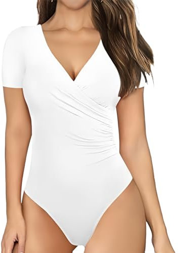 EMOTTOS Women's Sexy Wrap Bodysuit, Slim Fit Cross V Wrap Shirts, Soft Crop Top Bodysuit, Sexy Stripe Short Sleeve Jumpsuit for Women, White, M