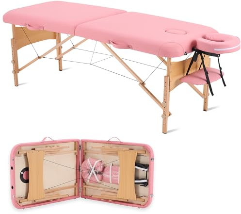 YOUNIKE Massageliege 2 Zonen Klappbar Massagetisch Kosmetikliege 70cm Breit Tragbare Massagebank Höhenverstellbar Kosmetikliege mit Holzfüßen und Tragetasche Tattoo Liege bis 250kg Belastbar, Rosa