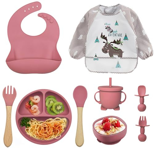 9 pièces Coffret Repas Bebe, Assiette Ventouse Silicone Antiderapant avec Compartiments, Ventouse Bol, Bavoir, Cuillère d’apprentissage, Assiette Enfant Set (9 pièces - Rose)