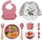 Vajilla de Bebé Silicona, 10 piezas Juegos de vajilla infantil, Cubiertos con plato ventosa, Tenedor con mango de madera, Babero Set (9 pezzi - Rosa)