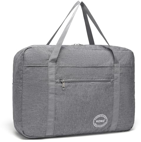 KONO Reisetasche Faltbar Damen Handgepäck Tasche Wasserdicht Carry on Luggage Für Reise Urlaub Einkaufen Weekender Gym(Grau)