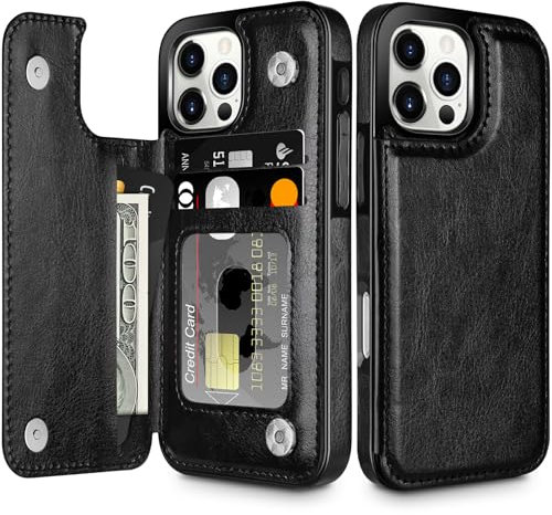 Coolden Handyhülle für iPhone 16 Pro Hülle Premium Leder Flip Case mit Kartenfach Ständer Magnetischer Verschlus Klapphülle Handytasche Lederhülle für iPhone 16 Pro Schwarz