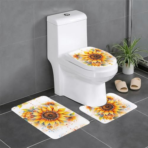 Wzywhj Badezimmermatten-Set mit gelben Sonnenblumen in Ölbild, hochwertig, langlebig, leicht zu reinigen, geeignet für Badezimmer und WC, 4 Stück