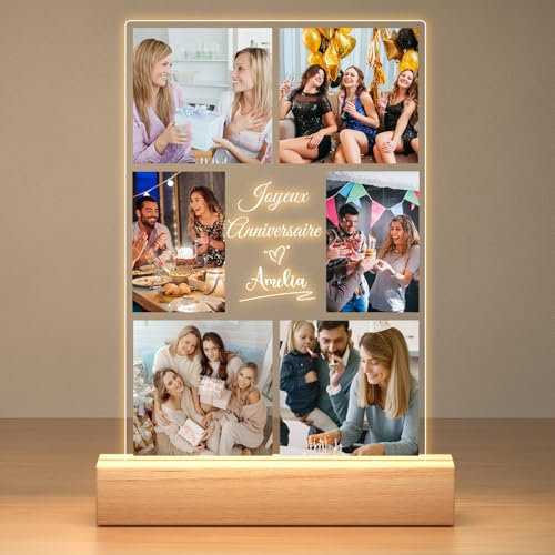 Cadeau Anniversaire Femme Personnalisé, Cadre Photo Personnalisé, Plaque Acrylique Personnalisée avec Veilleuse, Cadre Lumineux Personnalisable, Cadeau Personnalisé Meilleure Amie Femme, Homme