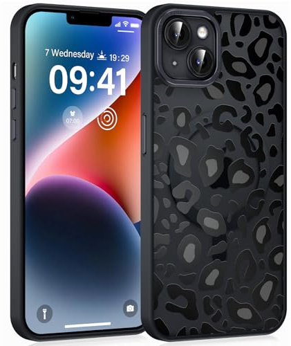 Coiwxmoi Magnetische Handyhülle für iPhone 15 6,1 Hülle, Kompatibel mit MagSafe, Aesthetic Leopard Muster Transluzente Mädchen Case, Matte PC Dünn TPU Bumper Stoßfest Schutzhülle Cover - Schwarz 01