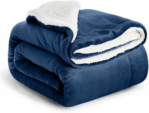 Casabella Sherpa Fleece Blanket - Blankets and Throws for Sofa Bed - Thick Warm Throw Blanket for Queen Bed - Soft Fluffy Bedding, Travel Accessories - Queen, Navy, 200X220cm