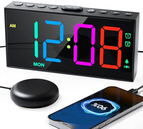 Roxicosly RGB Bed Shaker Alarm Clocks for Heavy Sleepers, Loud Vibrating Digital Clock with Dual Alarms,10 Colour, 7 Dimmers, 5 Volumes, USB Phone Charger, Week Display for Kids Teens Seniors