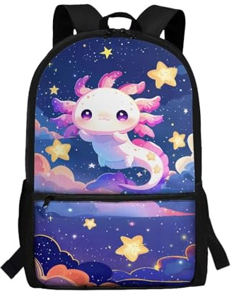 Showudesigns Kinder-Rucksack für Jungen 6–8 8–12 Mädchen, Mittelschultasche mit Wasserflaschenhalter, Sternennacht Axolotl, Einheitsgröße