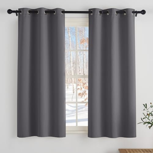PONY DANCE Scheibengardinen Blickdicht Küchen Vorhänge Kurz Ösenschal 2er Set H 114 x B 106 cm Verdunklungsvorhänge für Kleine Fenster Gardinen Verdunkelnd, Grau