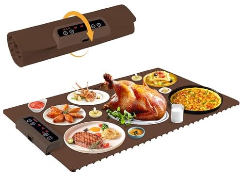 Food Warming Mat-Foldable Electric Warming Mat for Food Sillicon Food Warmer with Adjustable Temperature Control Time Moders Locking Function Warming Tray for Buffet,Party Brown