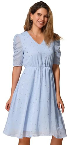 Allegra K Chiffon Dress for Women's Metallic Stars Ruched Sleeve V Neck A-line Dress Blue L