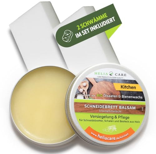 HeliaCARE Schneidebrett Balsam - BIO Holzwachs - Bienenwachs Holzpflege aus Deutschland - Holzbalsam für Schneidebretter - Farb- und geruchlose Holzpolitur (50ml)