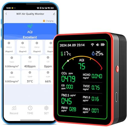 WiFi Smart Air Quality Monitor: 15-in-1-Innenraum-Luftqualitätsmessgerät erkennt PM, CO2, CO, TVOC, HCHO, PM, AQI, Temperatur und Luftfeuchtigkeit, App-Fernbedienung, für Smart Home Automation