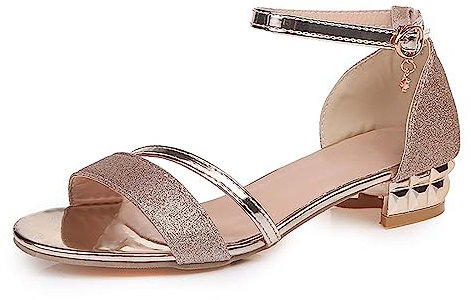 Sandali bassi da donna con cinturino alla caviglia regolabile e punta aperta, scarpe con tacco per matrimoni, feste, décolleté, retrò, estivi, da spiaggia, leggeri e comodi, con paillettes, Oro, 40 EU