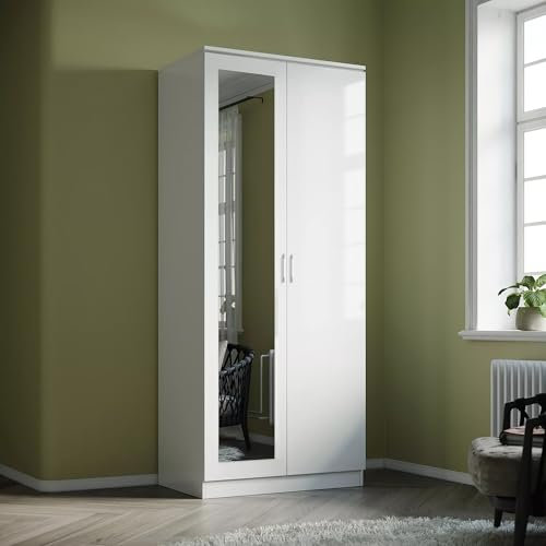 Comfy Living Modern 2-Door Wardrobe with Mirror, High Gloss Finish (White)