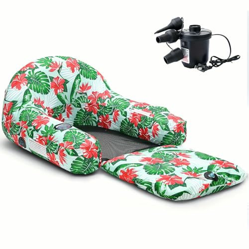 2-in-1 Convertible Pool Lounge Chair for Adults - Heavy Duty Inflatable Raft with Quick Dry Cover, Electric Air Pump, and Tropical Leaf Pattern (Light Green) LWX