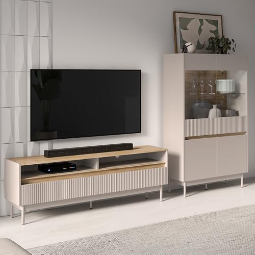 Lomadox Wohnwand 260 cm breit in Kaschmir mit Eiche inkl. LED Beleuchtung, Lowboard, Highboard, 2-teilig