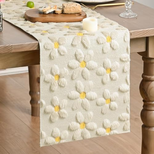 Artoid Mode Weich Plüsch Samt Faux Pelz Beige Gänseblümchen Frühling Tischläufer, Sommer Küche Tisch Urlaub Party Dekor 33x183 cm