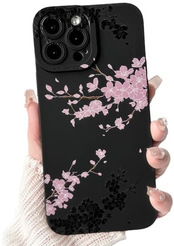 NITITOP for iPhone 14 Pro Max Case Cute Cherry Blossom, Black Pink | for Women Girls, Aesthetic Flower Floral Pattern, Soft TPU Shockproof Cover, Full Camera Protection
