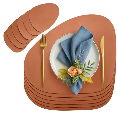 6er Set Tischset aus Leder-Imitat, Starke rutschfeste & wasserdichte Tischsets aus Kunstleder, Oval Tischset 42x33cm mit Untersetzer für Küche & Esszimmer-6x Platzset + 6X Untersetzer, Dunkelbraun