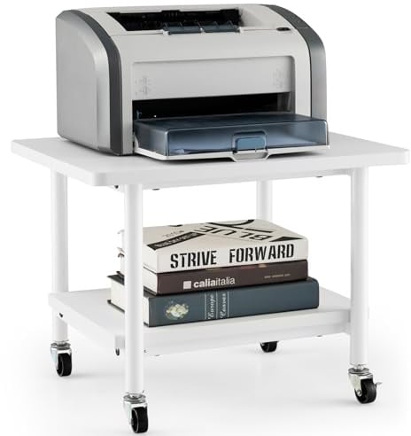GOPLUS Druckertisch mit Räder, Rollcontainer mit 2 Ablagen, Rollwagen für Schreibtisch, Drucker Ständer aus Metall und Holz, um 360° Drehbare Räder, Multifunktionswagen für Zuhause Büro (Ganzweiß)