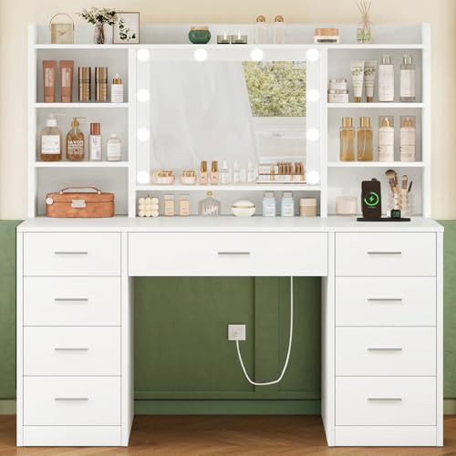 TEENFON Schminktisch mit Beleuchtung, Steckdose, offene Fächer, Schminktisch mit 3 Farben Spiegel, Einstellbarer Helligkeit, Moderne Schminktisch für Schlafzimmer, Weiß, 9 Schubladen Schminktisch