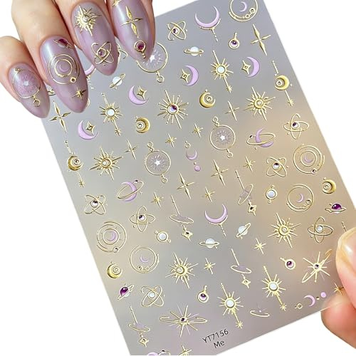 PINE WAVES Celestial Nail Stickers, Cute Nail Art Stickers with 5D Embossed Foil Accents, Elegant Purple Galaxy Nail Decals for Women Girls DIY Manicure Decoration, 1Pc