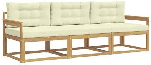 vidaXL Outdoor-Sofagarnitur mit Kissen 3 pcs Weiß und Creme Polyester, Akazienholz Sofa Set für draußen, modernes Loungemöbel, Flexibler Gartenplatz, wetterfeste Einrichtung