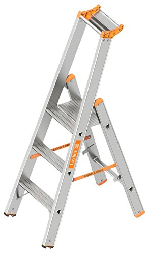 Layher 1064003 Stufenstehleiter einseitig begehbar Topic mit 3 Breiten Stufen, Aluminiumleiter klappbar mit Podest, Länge 1.40 m