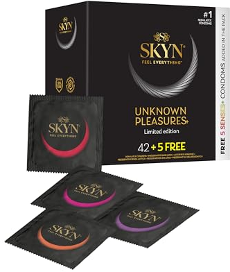 SKYN Unknown Pleasure Kondome (42 Stück) & 5 Senses Kondome (5 Stück) | Latexfrei, 6 x Noppen, 18 x Daiquiri, 6 x Wärmendem Gel, 6 x Kühlendem Mentholgel, 6 x Stimulierend, verwendbar mit unsere Lubes