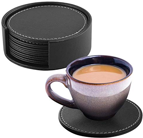 Coolty 6 Stück Untersetzer PU Leder Getränke Untersetzer Runde Schwarze Matte Untersetzer mit Halter für Innen und Außenküche Schützen Sie Ihre Möbel vor Flecken