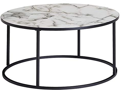 FineBuy Couchtisch Rund 80x40x80 cm mit Marmor Optik Weiß, Wohnzimmertisch mit Metall-Gestell Schwarz, Moderner Dekotisch