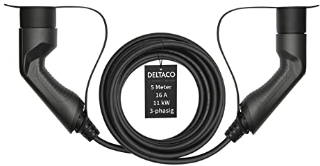 Deltaco Typ 2 EV-Ladekabel für E-Autos und Hybrid Fahrzeuge, Elektroauto Charger Mennekes Kabel, Kompatibel mit ID.3, ID.4, Zoe, E-Tron, Model S/3/X/Y, Leaf, 3-phasig, 16A | 11kW, 5 Meter
