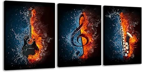 ZHONGYUTONG 3 Stück Musik Wand Kunstdruck Gerahmt Wasser und Feuer Instrumentenserie Bild Musiknote Gitarre Saxophon Poster Skandinavische Gemälde Moderne Wohnkultur (60x90cmx3 Stück)