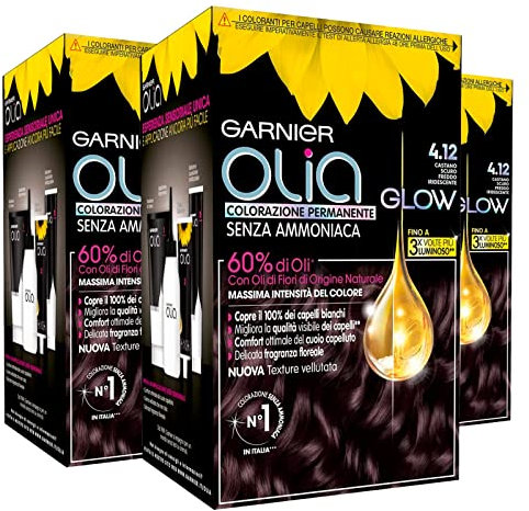3 x Garnier Olia Glow Permanente Haarfarbe Farbe 4.12 Dunkelbraun Irisierend Ohne Ammoniak Sanfter Duft - 3 Farben