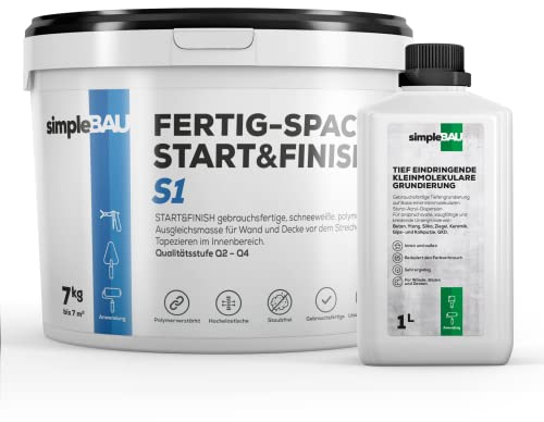 simpleBAU Gebrauchsfertige Polymer-Spachtelmasse Weiß Start&Finish 7KG + 1L Tiefengrundierung gebrauchsfertig für Wand, Decke, Boden - Lösemittelfrei vor Anstrich & Renovierung