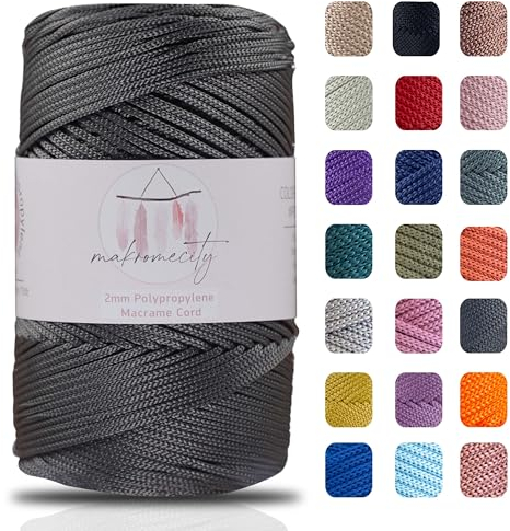 Makromecity Makramee Garn 2mm x 230m Premium Polyester Macrame Cord Polypropylene Yarn für Handwerk Wohndekorationen Platzteller Umhängetasche Handtasche Runner (Anthrazit, 1 Strang)