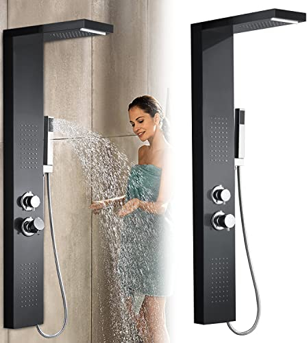 TRMLBE Pannello Doccia Sistema Doccia Doccia a Pioggia in Acciaio Inox Spazzolato Set di Rubinetti per Doccia con Doccetta Massaggiante Doccia a Cascata e Doccia a Pioggia (Nero Opaco)