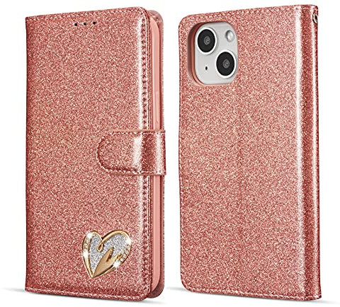 QLTYPRI Wallet Case for iPhone 15, Glitter PU Leather TPU Bumper Card Holder Kickstand Wrist Strap Inlaid Heart Diamond Flip Folio Cover for iPhone 15 - Rose Gold