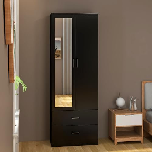 2 Door 2 Drawers Mirrored Wardrobe with Hanging Rail Wooden Clothes Storage Cupboards Unit for Bedroom Furniture 77 x 50 x 180 cm (Black)