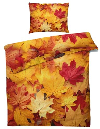 QEODAH Winter Bettwäsche 135x200 Herbstblätter - Herbst Ahorn Bettbezug 135 x 200 2er Set - Wendebettwäsche & Kissenbezug 80x80 cm - Weiche Mikrofaser Bettwäsche-Sets mit Reißverschluss
