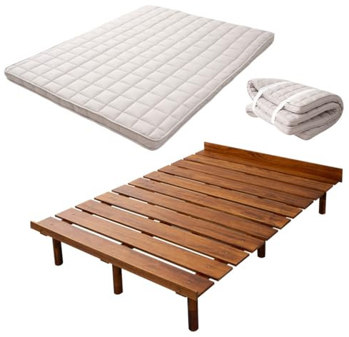 EMOOR Japanische Futon-Matratze Machi und Futonbett OSMOS Set 160 x 200 cm, Retro-Braun, 3 Höhen Verstellbar, Einfach zu Montieren, Japanisches Schlafbett Tatami-Matte Holzlatten-Bett Palettenbett