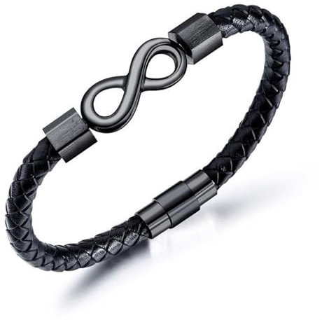 GAUEIOUR Infinite Leather Black Bracelet - Fashionable Minimalist Endless 8-Character Design, Men's Versatile Woven Hip Hop Alloy Accessory