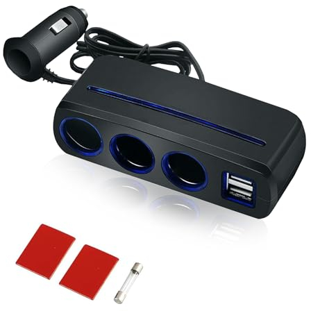 Zigarettenanzünder Verteiler 12/24V, Adapter Zigarettenanzünder Steckdose with 3 Steckdose und 2-Port USB, 120W Autoladegerät Zigarettenanzünder Verlängerung 65cm für Handys GPS Autokamera usw