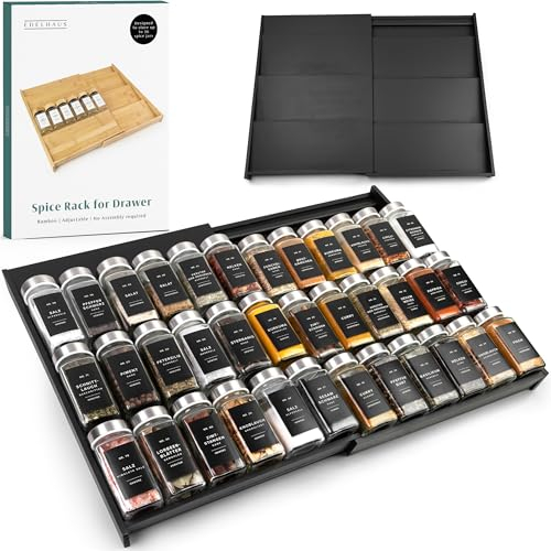 EDELHAUS Bambus Gewürzregal Schublade, Gewürz Organizer Schublade, Küchen Gewürzregal Ausziehbar für bis zu 36 Gewürzgläser Gewürztreppe für Gewürzschublade Schubladeneinsatz (Gläser nicht enthalten)