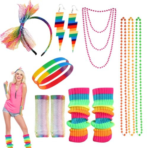 80s Fancy Dress for Women, Neon Party Accessories, 13Pcs 80s Accessories for Ladies with Necklace Fishnet Gloves Leg Warmers Earrings Bow Headband, Rainbow Costumes for Retro Outfit, Dress up Day