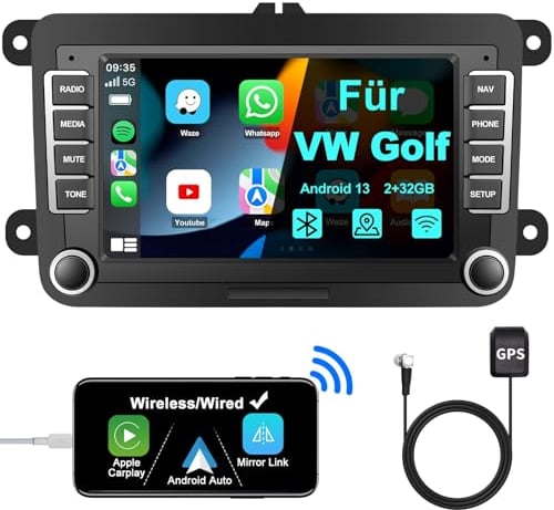 Jimtour Bluetooth Autoradio Mit Bildschirm für Golf 5 6 VW Polo T5 Passat Touran Seat Mit Navi WLAN, Apple Carplay, Android Auto, UKW, Lenkrad Strg, 2Din Android 13 Dab Auto Radio Touch Display 7 Zoll
