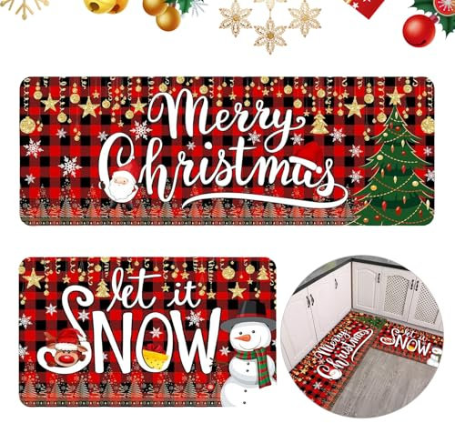 PLUSHCEWT Weihnachtliche Küchenteppiche, Frohe Weihnachten, rutschfest, waschbar, Küchenmatten, rotes Büffelkaro, Weihnachtsdekorationen, Küchenbodenmatten (40 x 120 cm + 40 x 60 cm)