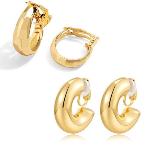 LILIE&WHITE Damen Clip Ohrringe Set Zwei Paar Goldene Creolen Elegantes Design Hypoallergen Farbbeständig Ohrschmuck für Frauen Geschenkidee für Geburtstag Jahrestag oder Muttertag